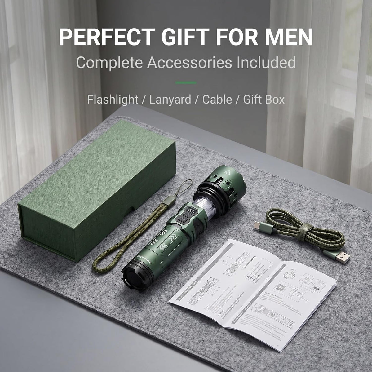 Skyfire Rechargeable LED Flashlight 3000 Lumens with Camping Light-Green