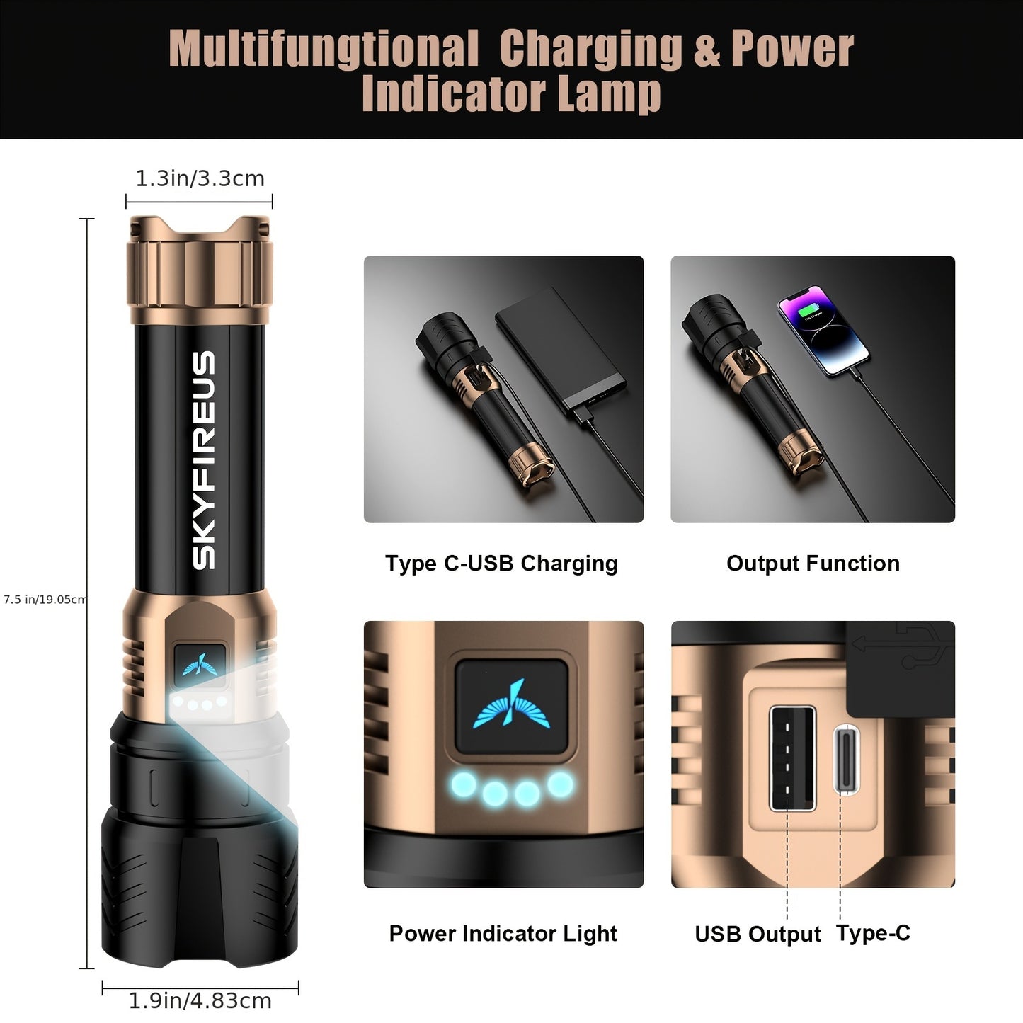 Flashlight High Lumens, Super Bright Rechargeable Flashlight with Ignition Lens, Zoomable, Four Modes, Flash Light for Camping Essentials, Outdoor, Home