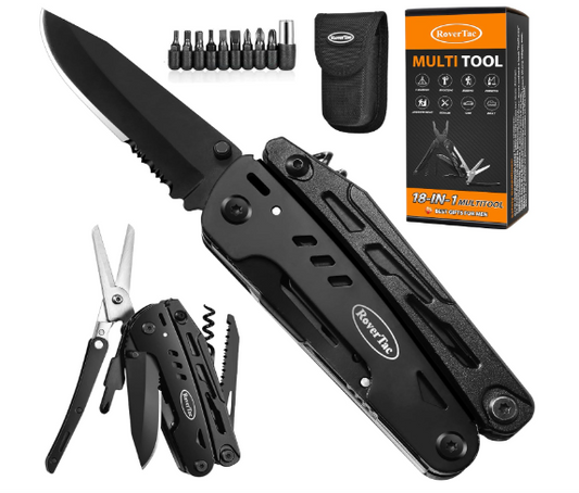 RoverTac Multitool Pocket Knife Tactical Camping Survival Knife Gifts for Men Dad Husband 18 in 1 Multi Tool Knife Pliers Scissors Saw Corkscrew 9-Pack Screwdrivers with Safety Lock and Nylon Sheath