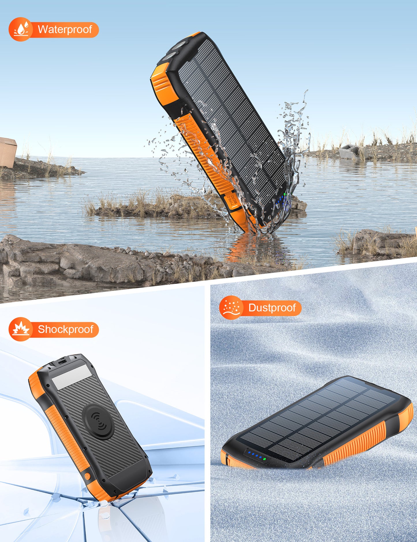 The Beast: 20,000mAh Solar Power Bank with Flashlight & Wireless Charging