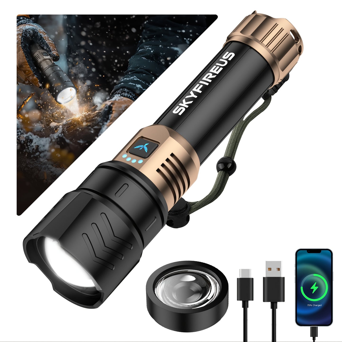 Flashlight High Lumens, Super Bright Rechargeable Flashlight with Ignition Lens, Zoomable, Four Modes, Flash Light for Camping Essentials, Outdoor, Home