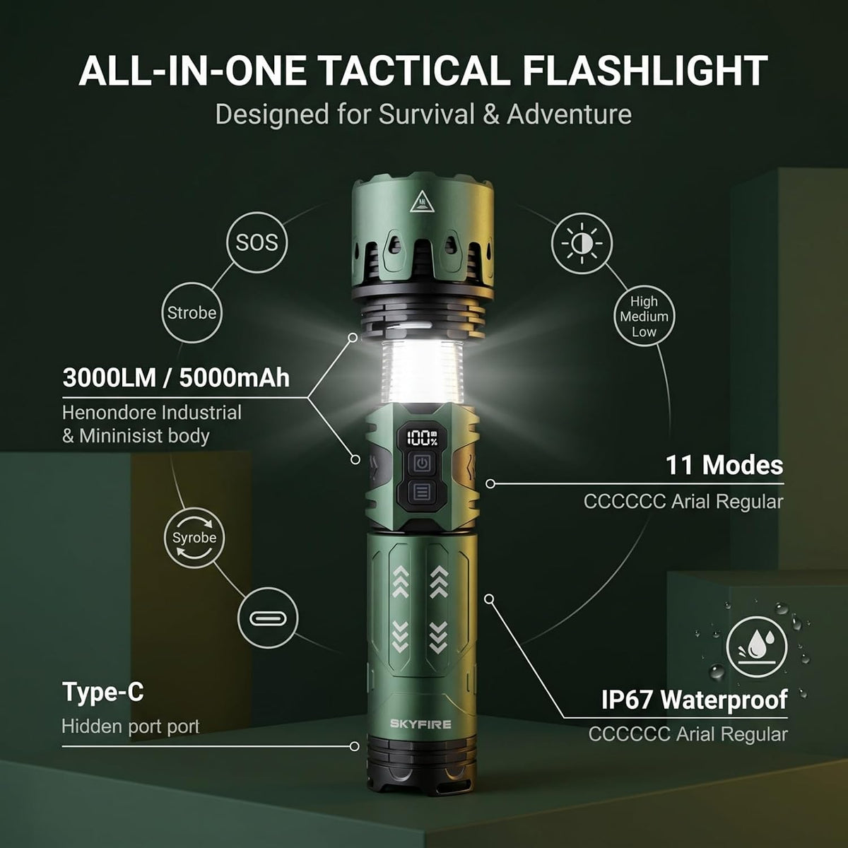 Skyfire Rechargeable LED Flashlight 3000 Lumens with Camping Light-Green