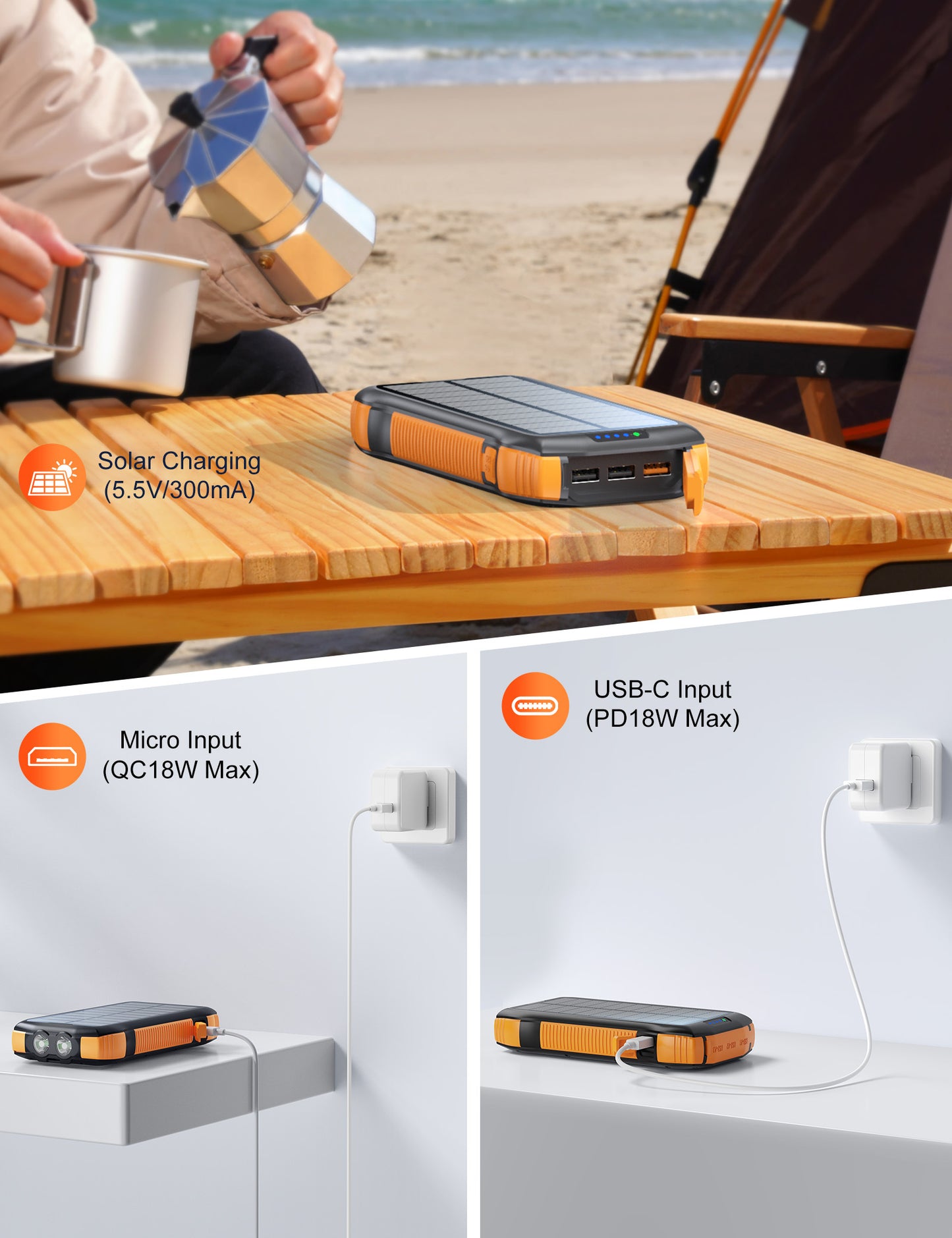 The Beast: 20,000mAh Solar Power Bank with Flashlight & Wireless Charging