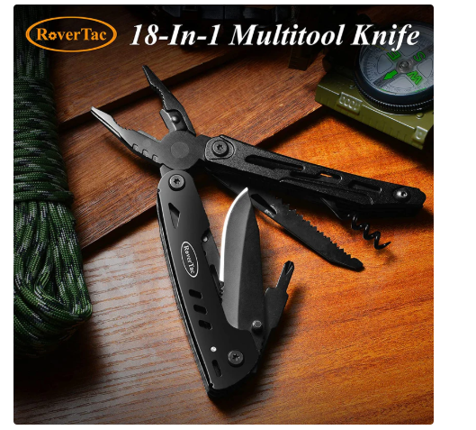 RoverTac Multitool Pocket Knife Tactical Camping Survival Knife Gifts for Men Dad Husband 18 in 1 Multi Tool Knife Pliers Scissors Saw Corkscrew 9-Pack Screwdrivers with Safety Lock and Nylon Sheath