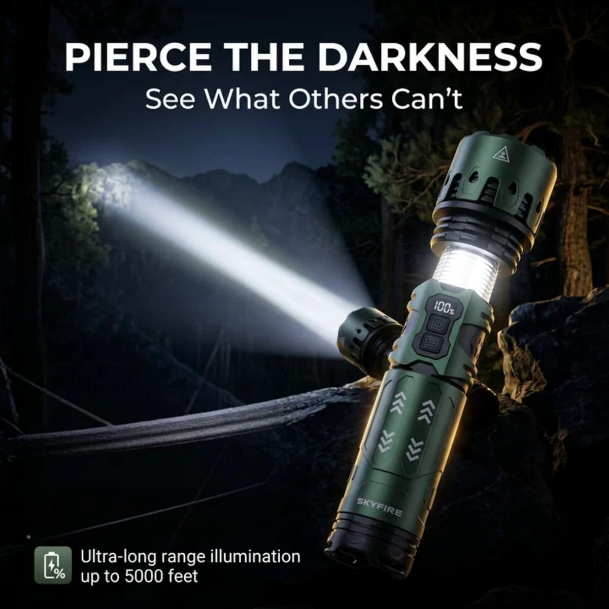 Skyfire Rechargeable LED Flashlight 3000 Lumens with Camping Light-Green