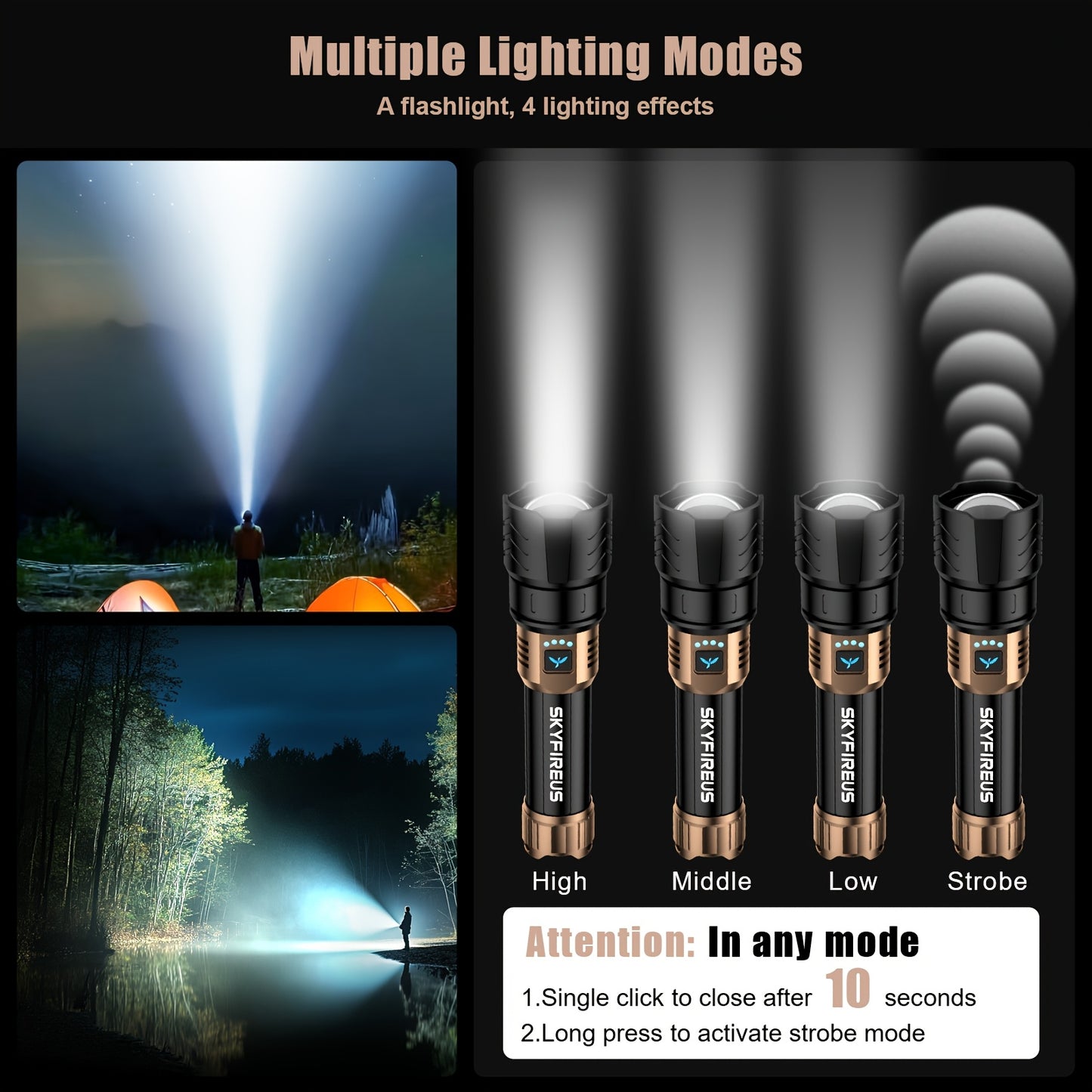 Flashlight High Lumens, Super Bright Rechargeable Flashlight with Ignition Lens, Zoomable, Four Modes, Flash Light for Camping Essentials, Outdoor, Home