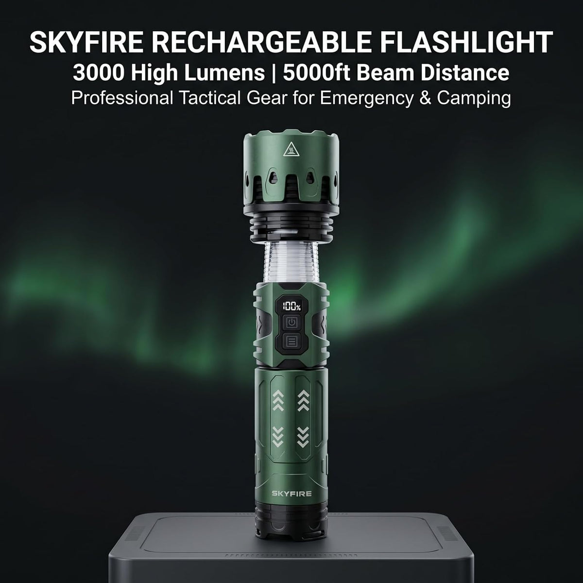 Skyfire Rechargeable LED Flashlight 3000 Lumens with Camping Light-Green
